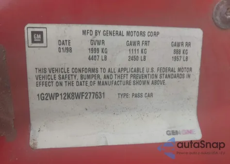 1998 Pontiac Grand Prix Gt from USA, damaged, VIN 1G2WP12K8WF277631